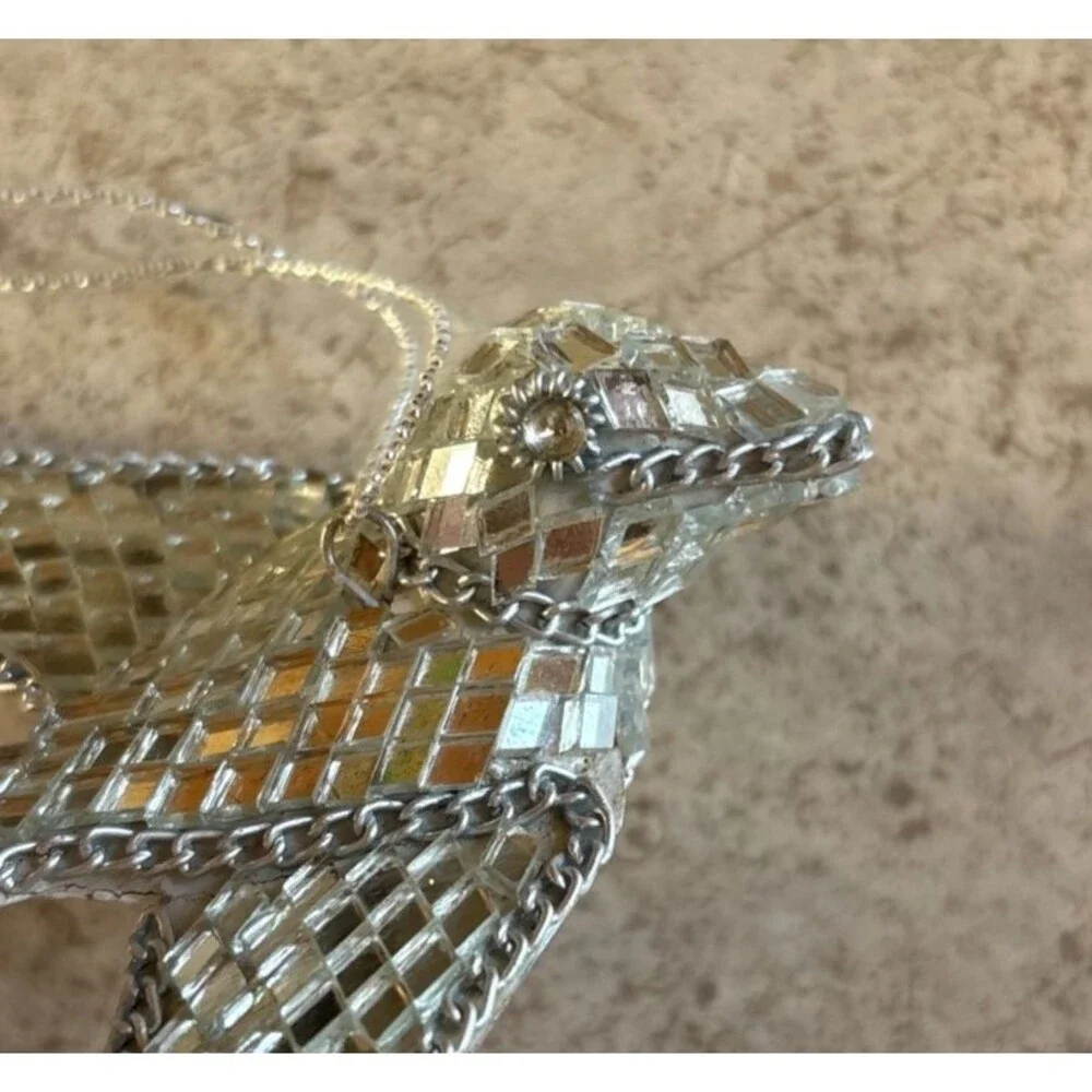 Vtg Mirror Dove Christmas Tree Ornaments Mosaic Bird Disco Silver Filigree Boot
